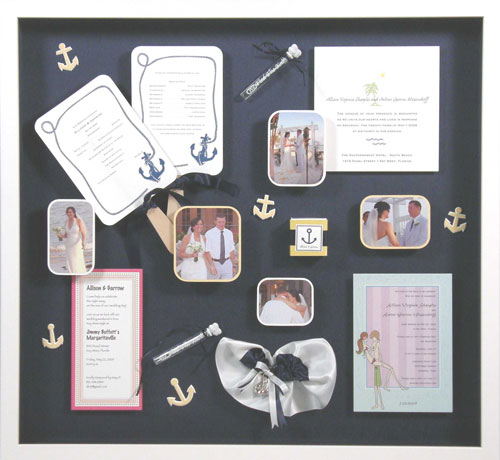 Memorabilia from a wedding performed on the beach with a nautical theme